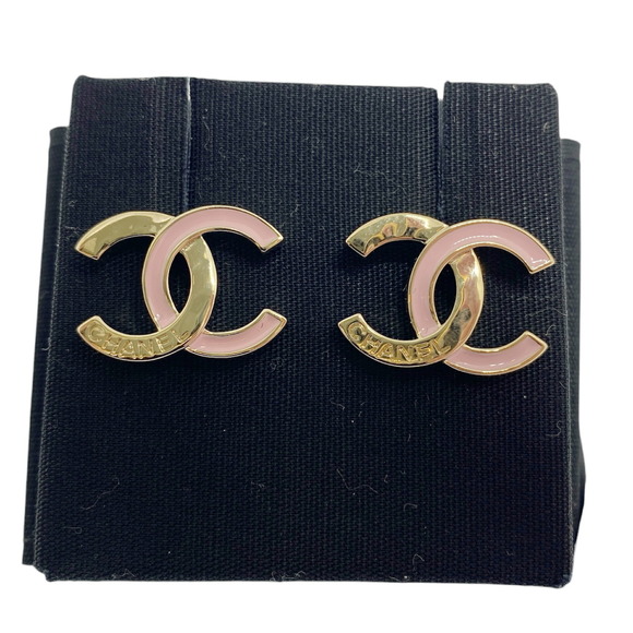 CHANEL Coco Mark Earrings I24B Gold Pink CC Accessories Women Men - Picture 3 of 6